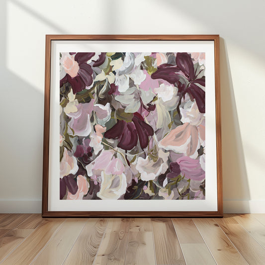 Abstract floral art print in warm earth browns and pinks. 