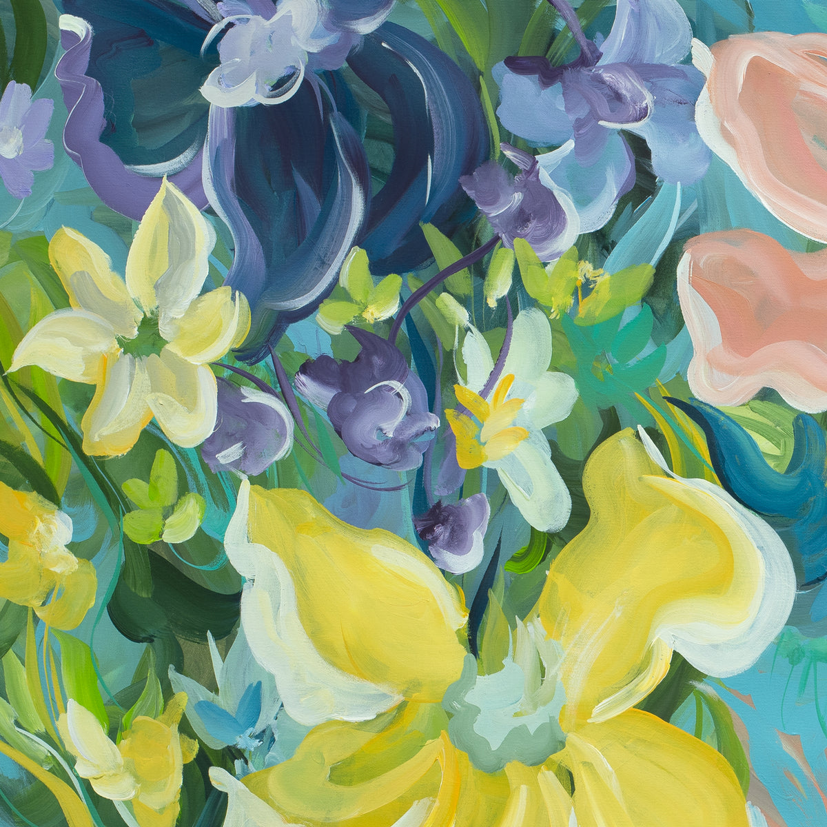 Colourful botanical original painting, cropped section