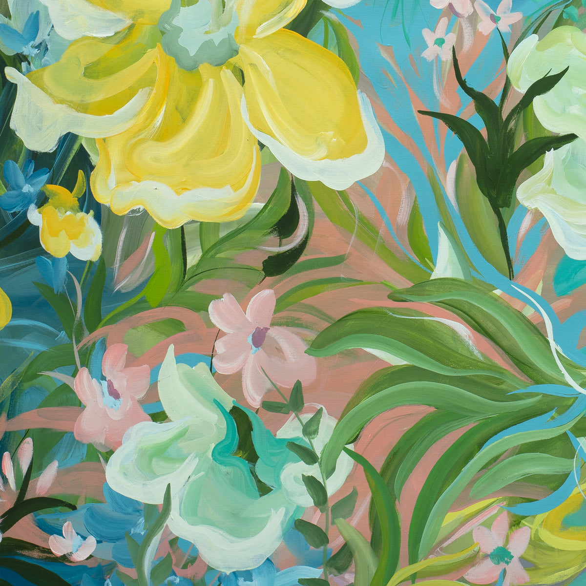 Colourful botanical original painting, cropped section