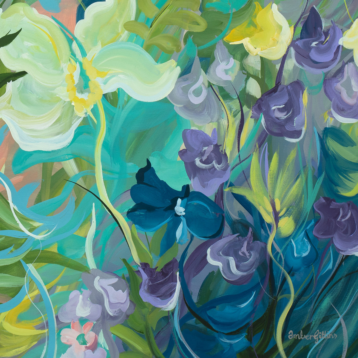 Colourful botanical original painting, cropped section with signature