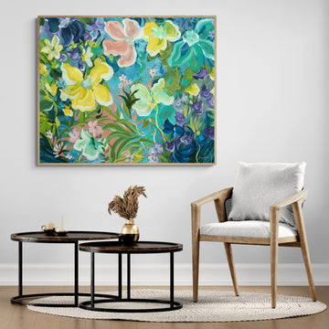 Colourful flower original painting hanging in a dining room