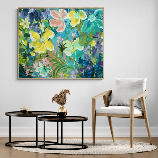 Colourful flower original painting hanging in a dining room