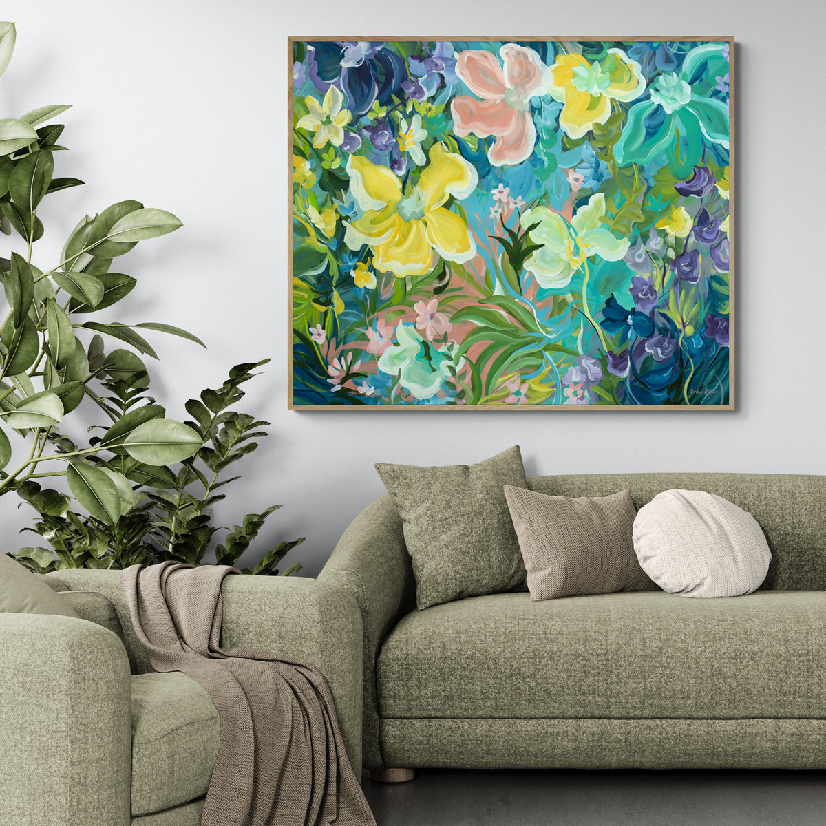 Colourful botanical original painting hanging in a living room