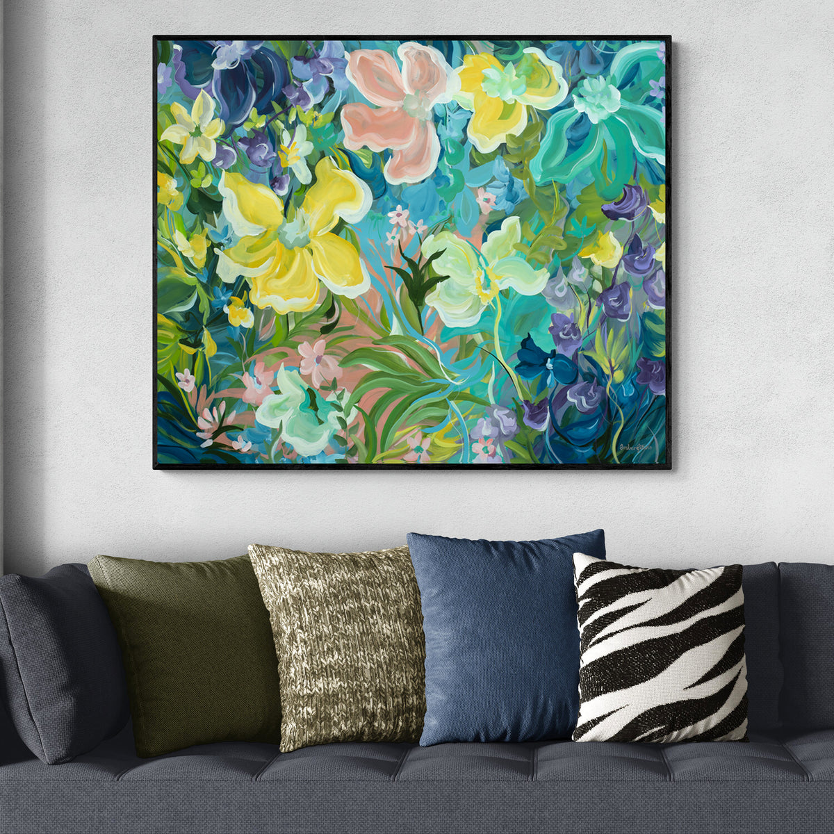 Colourful botanical original painting hanging in a living room