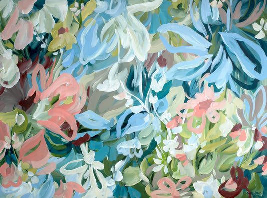 Wall art print of a modern, colourful abstract flower garden in pastel shades of pink, baby blue, green and turquoise.
