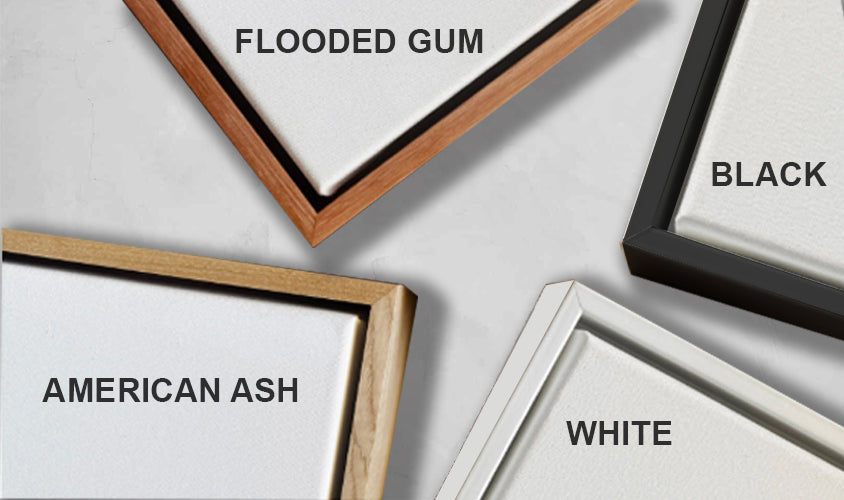 sections of floating frames samples in black, white, american ash, flooded gum colours.