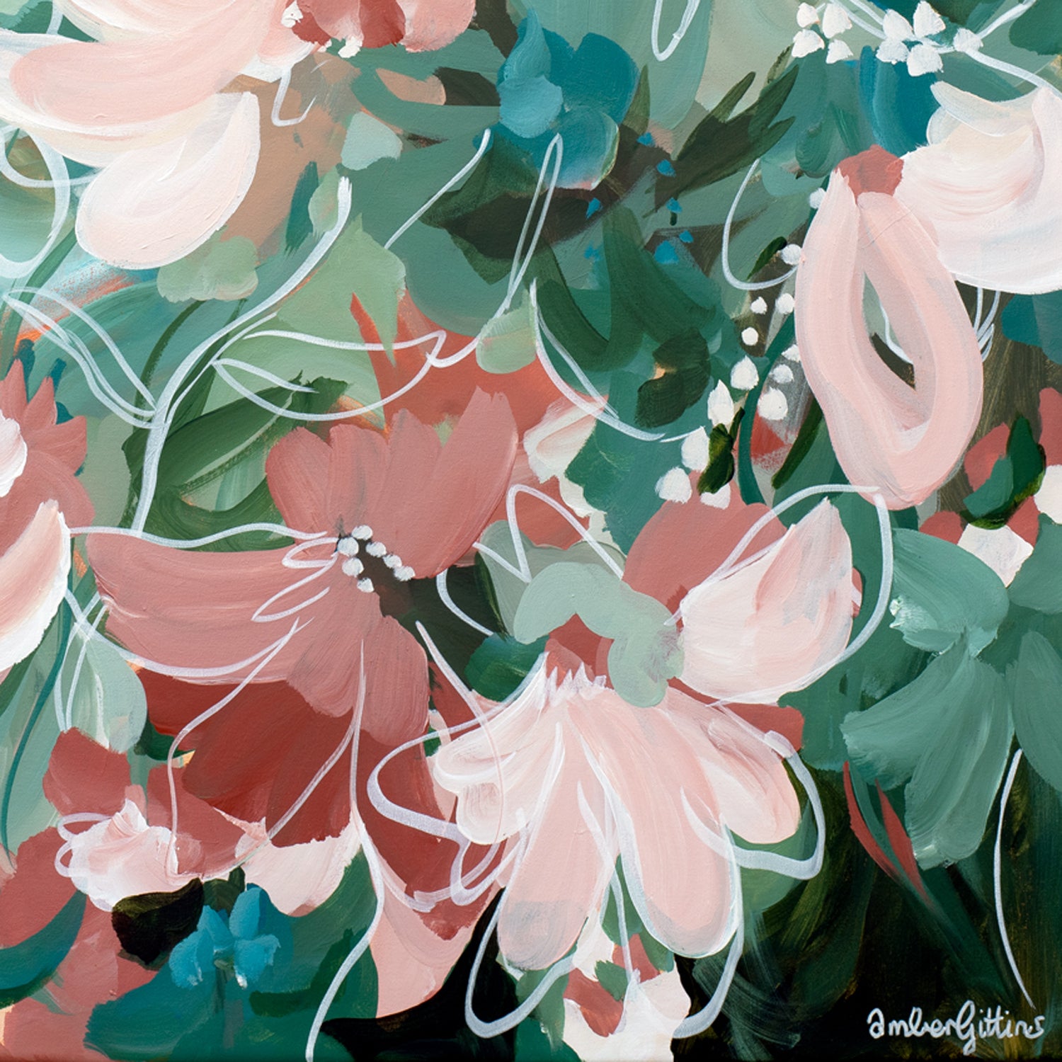 Colorful floral design with pink and green flowers, cropped section of an art print
