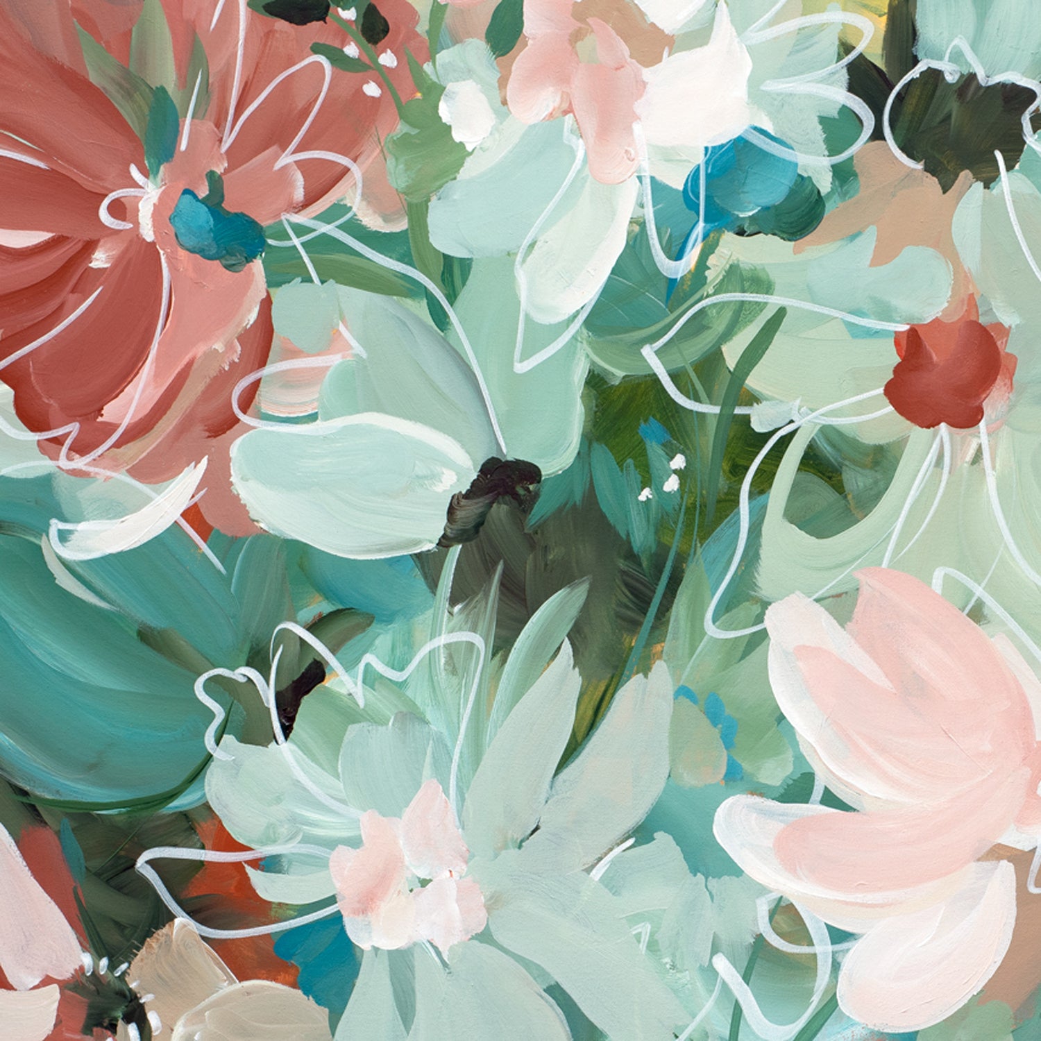Colorful floral design with pink and green flowers, cropped section of an art print