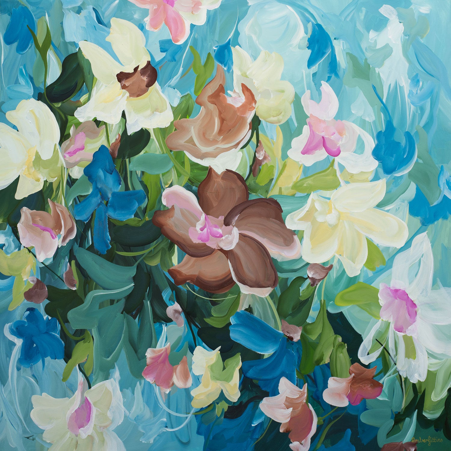 Colorful floral painting with a variety of flowers on a blue background