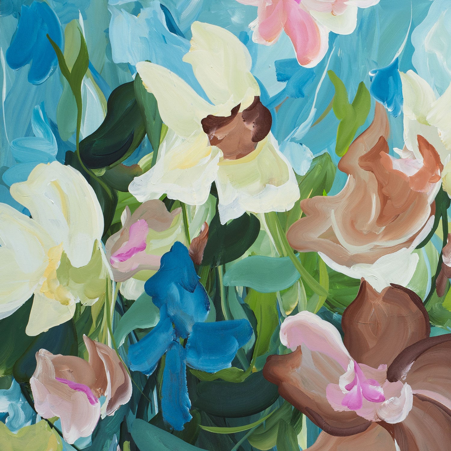 Colorful floral painting with a variety of flowers on a blue background