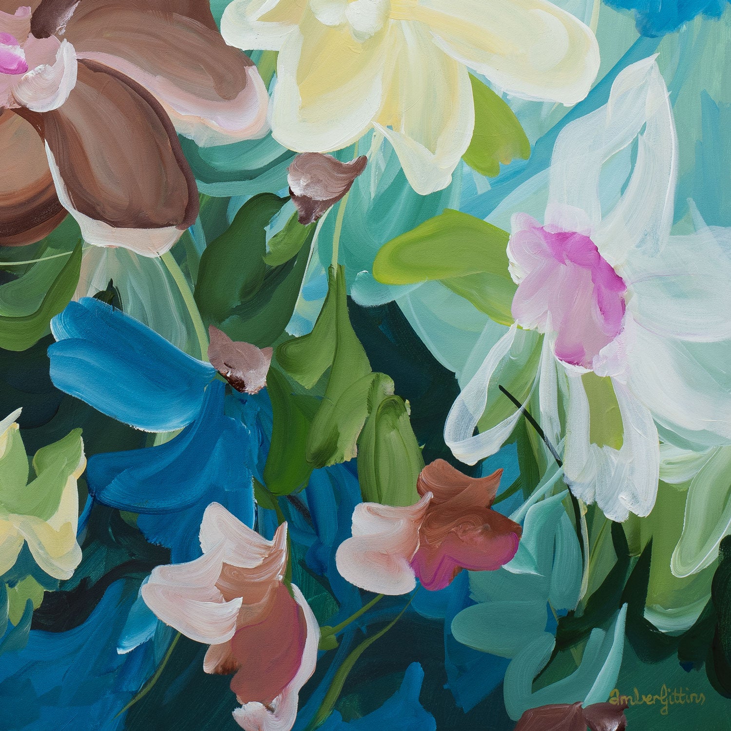 Colorful floral painting with various flowers on a blue background