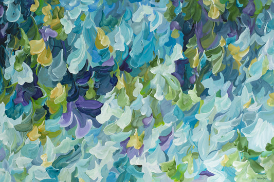 Modern blue, green and purple abstract impressionist wall art print in a minimal simple style. Falling petals and leaves in a garden. 