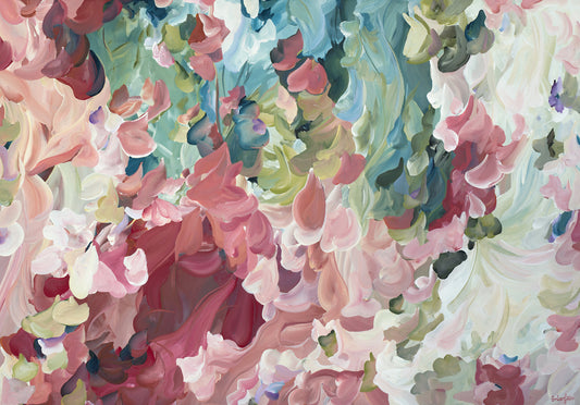 Pretty modern impressionist style abstract flower wall art print in pinks and greens. 