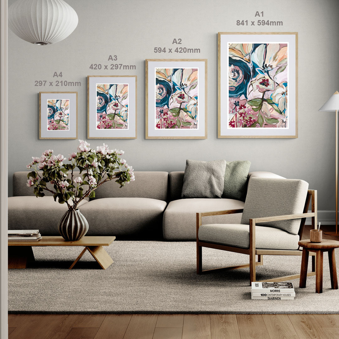 Poster print guide for the sizes of the art prints. In a living room setting.
Standard Frame Sizes :
A4 : (210 x 297mm) - (8.3 x 11.7”)
A3 : (297 x 420mm) - (11.7 x 16.5”)
A2 : (420 x 594mm) - (16.5 x 23.4”)
A1 : (594 x 841mm) - (23.4 x 33.1”)