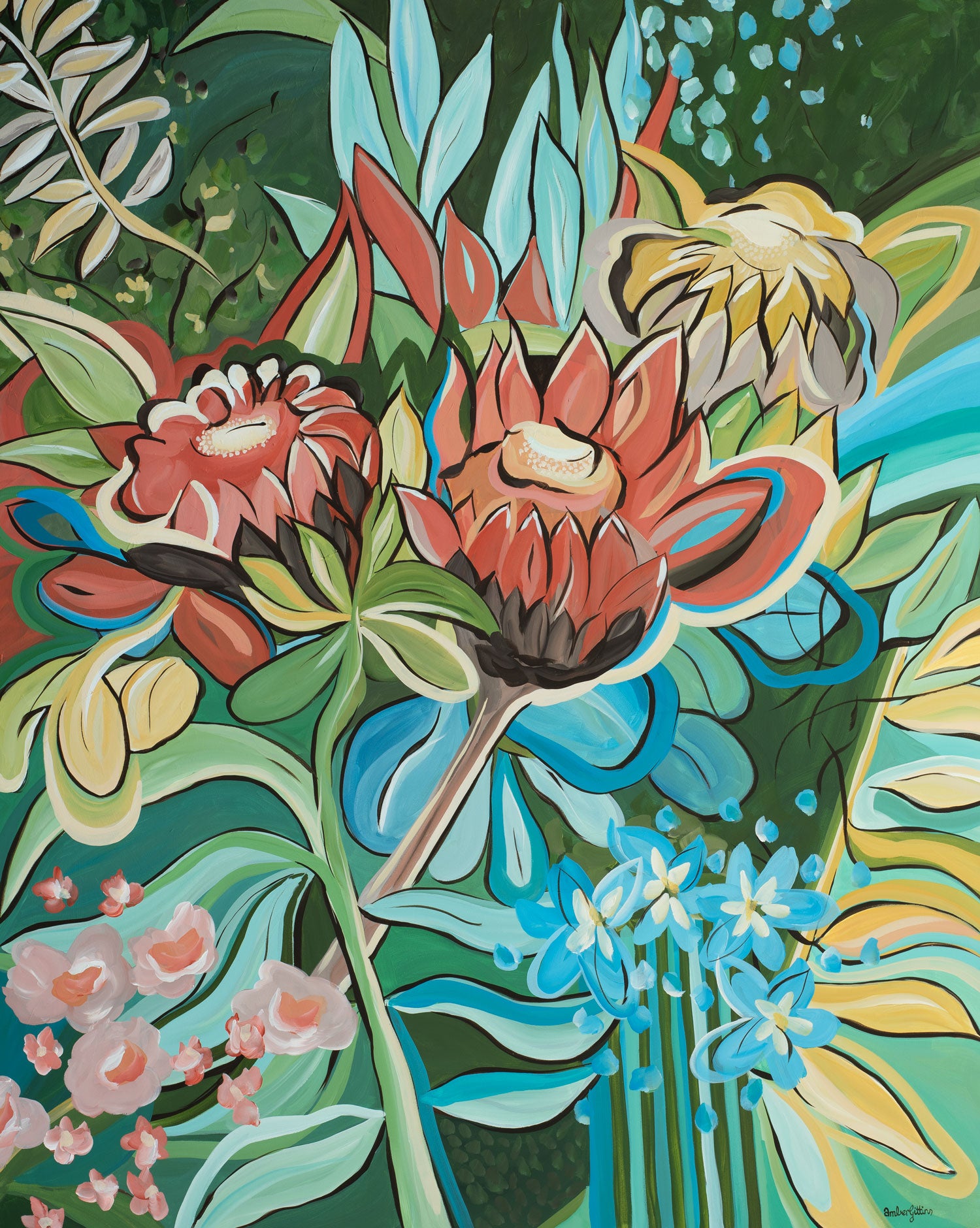 Colorful floral painting with vibrant greens, orange browns, and blues.
