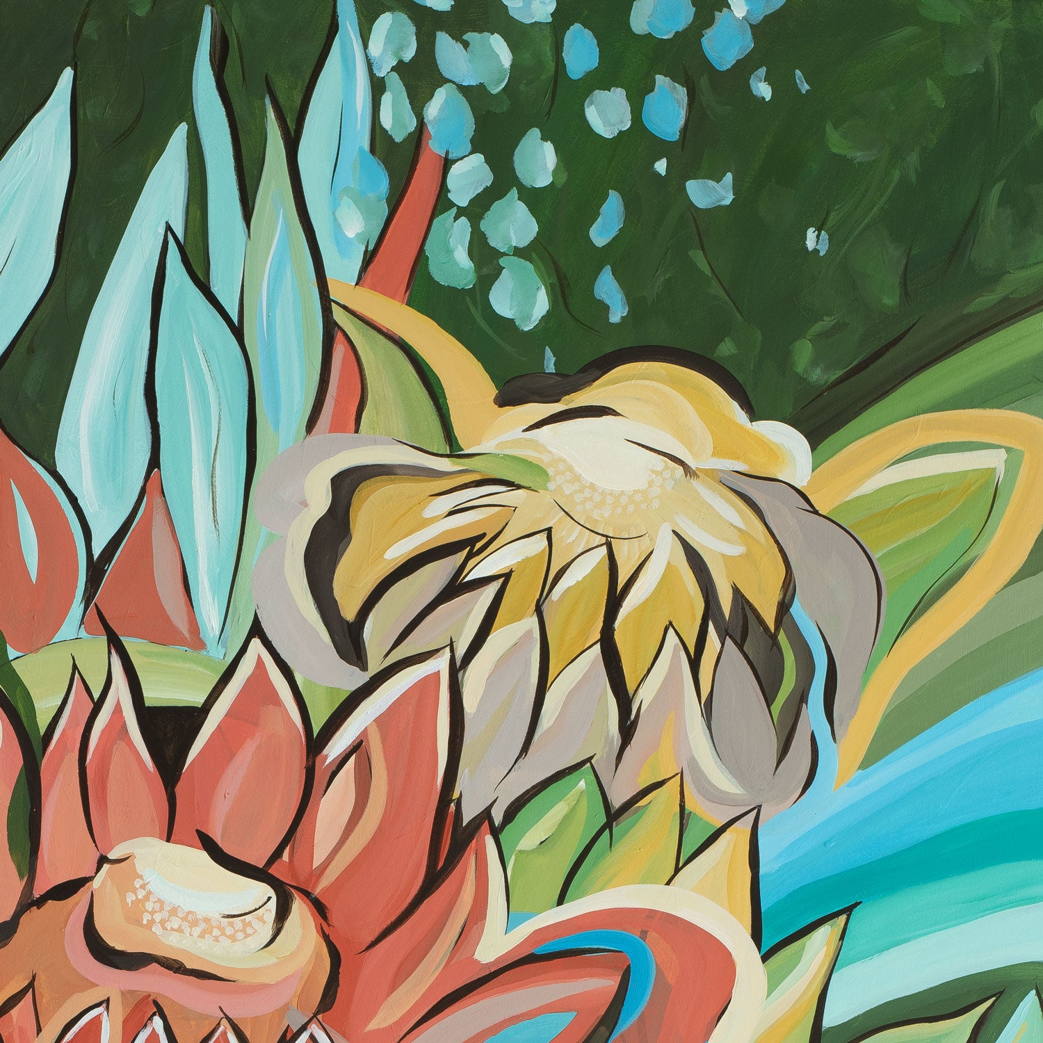 Colorful abstract painting of protea flowers