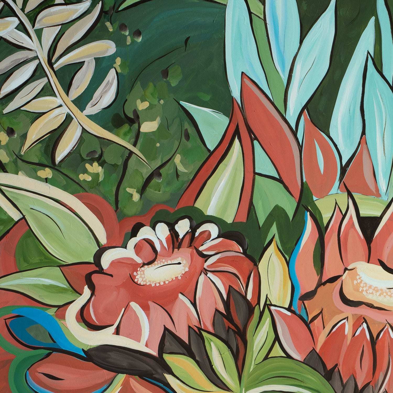 Colorful floral and leaf pattern with orange flowers and green leaves.