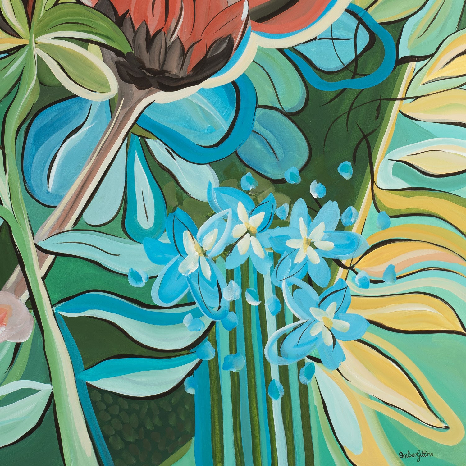 Colorful floral painting with blue flowers and green leaves