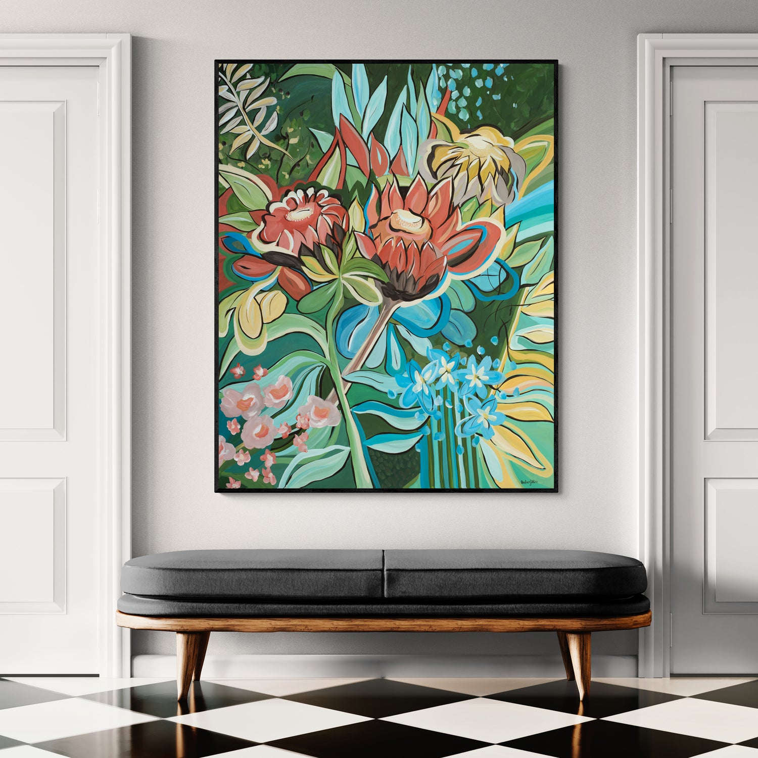 Colorful floral Protea painting on a wall above a black bench with a checkered floor.