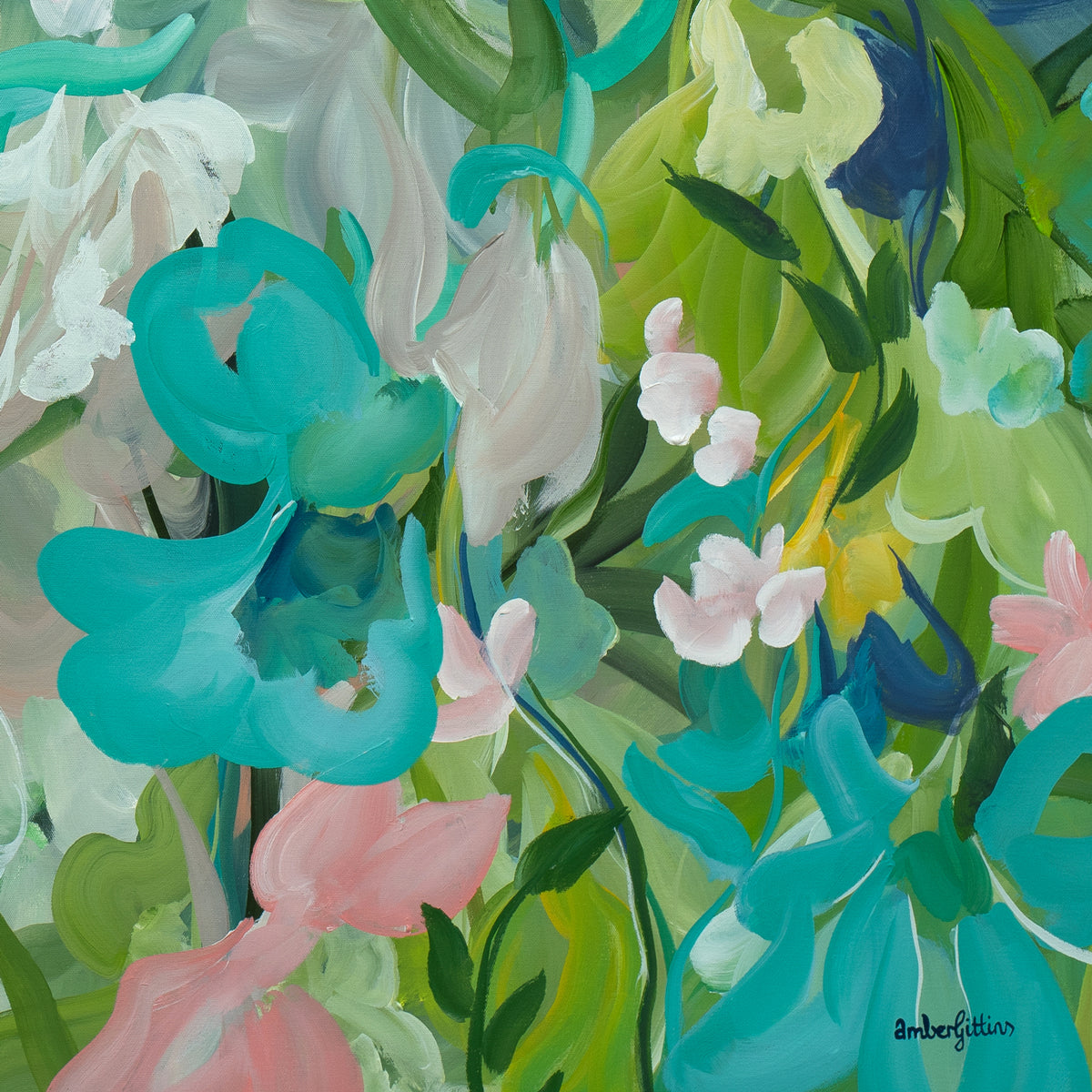 Colourful abstract flower painting - artist Amber Gittins signature