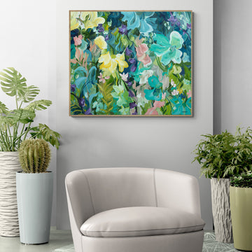 Colourful painting of a blooming flower garden hanging in a living room