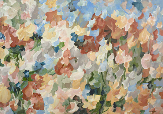 Colourful autumn inspired abstract canvas print of a garden of falling leaves and flower petals in a minimal impressionist style in browns, light blue, warm yellow and green.