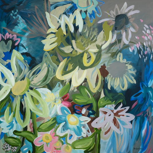 Contemporary square abstract flower fine art print in multi colours. Inspired by sunflowers in the moonlight. Layers of organic flowing shapes and colours in a playful style.