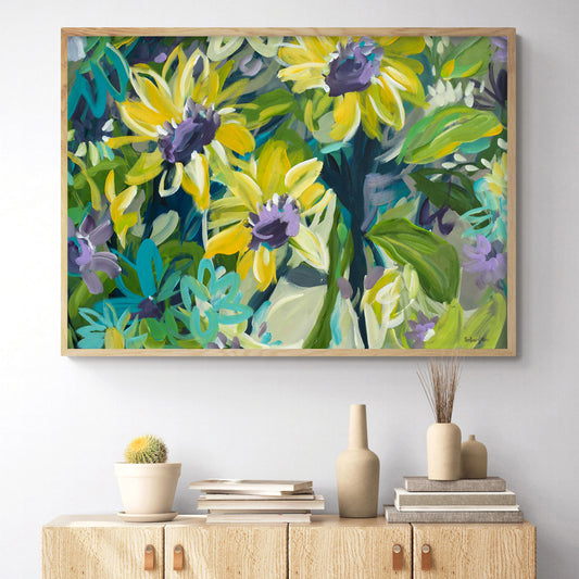 Yellow Sunflower abstract canvas wall art print hanging on a living room wall 