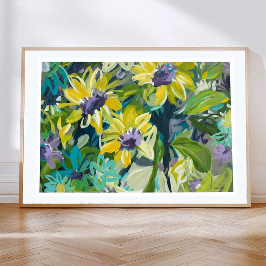 colourful bold abstract flowers wall art print. yellow sunflowers with a green and purple background. 