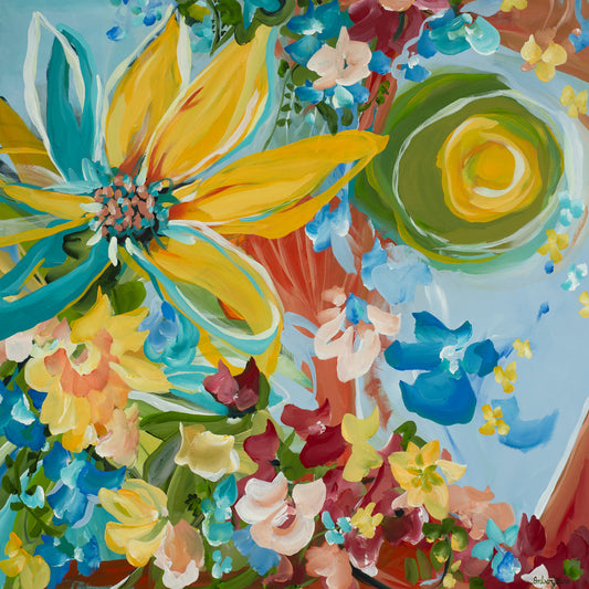 Modern colourful abstract sunflower art print with a big yellow sunflower and smaller red, blue, yellow flowers surrounding it. 