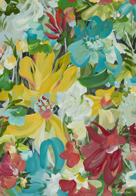 Bold, bright and colourful abstract flower art print in a modern style. 