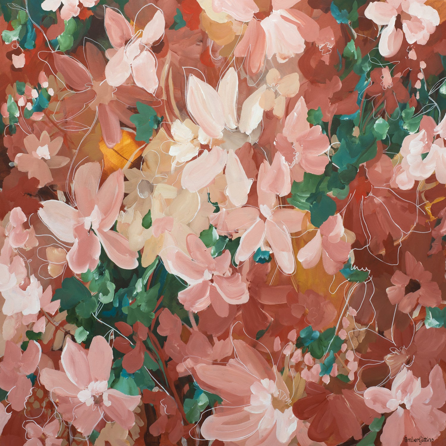 Floral pattern with pink, green, and orange flowers on a brown background