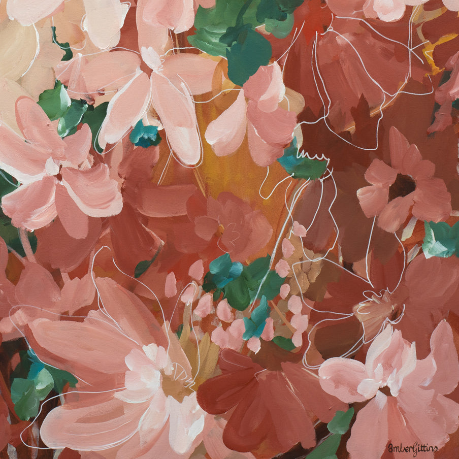 Floral art print cropped, with pink and green flowers on a brown background