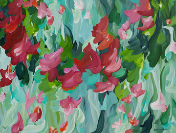 Abstract floral painting with red flowers and blue green background