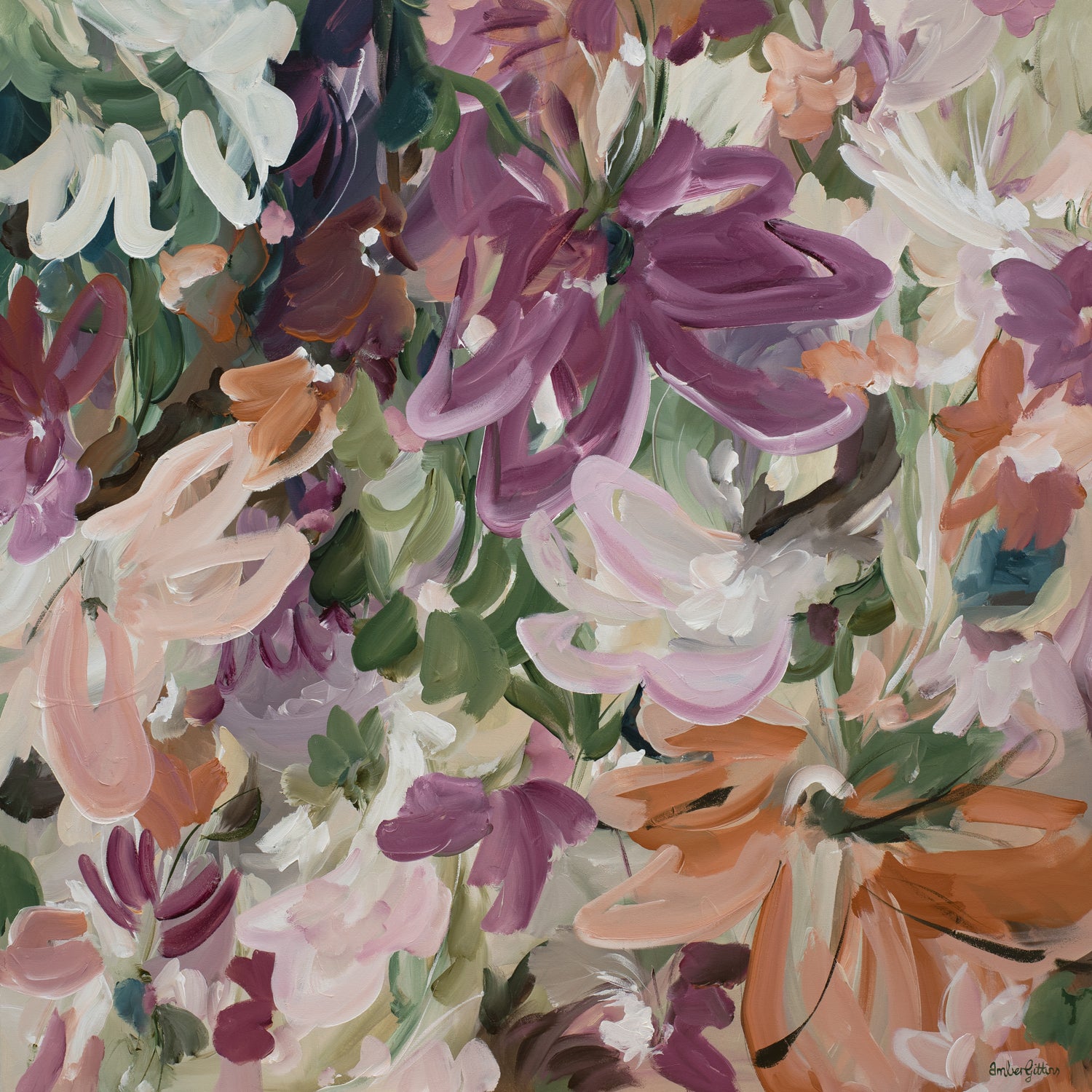 Colourful modern abstract flower fine art wall print in warm tones of red, burgundy, pink, orange and green. Layers of flowing brushstrokes showing linear flower and petal shapes. 