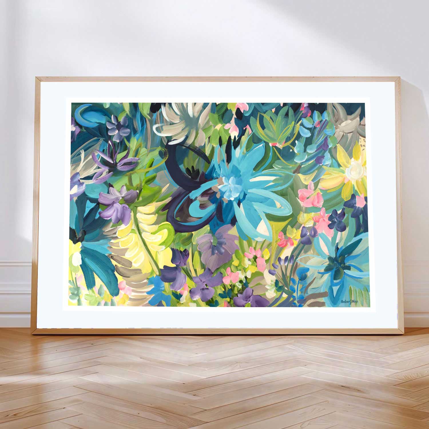 Colourful tropical flower abstract wall art print. Framed in a  natural frame