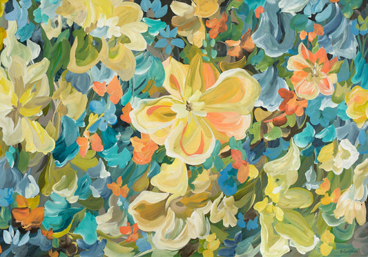 Bright colourful yellow, blue and green tropical flower abstract wall art print. 