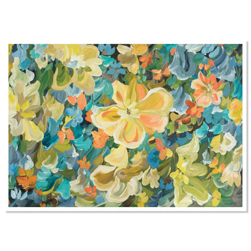 Tropical blue and yellow abstract flower poster wall art print