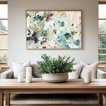 Unspoken Dreams abstract print in muted tones in living room interior