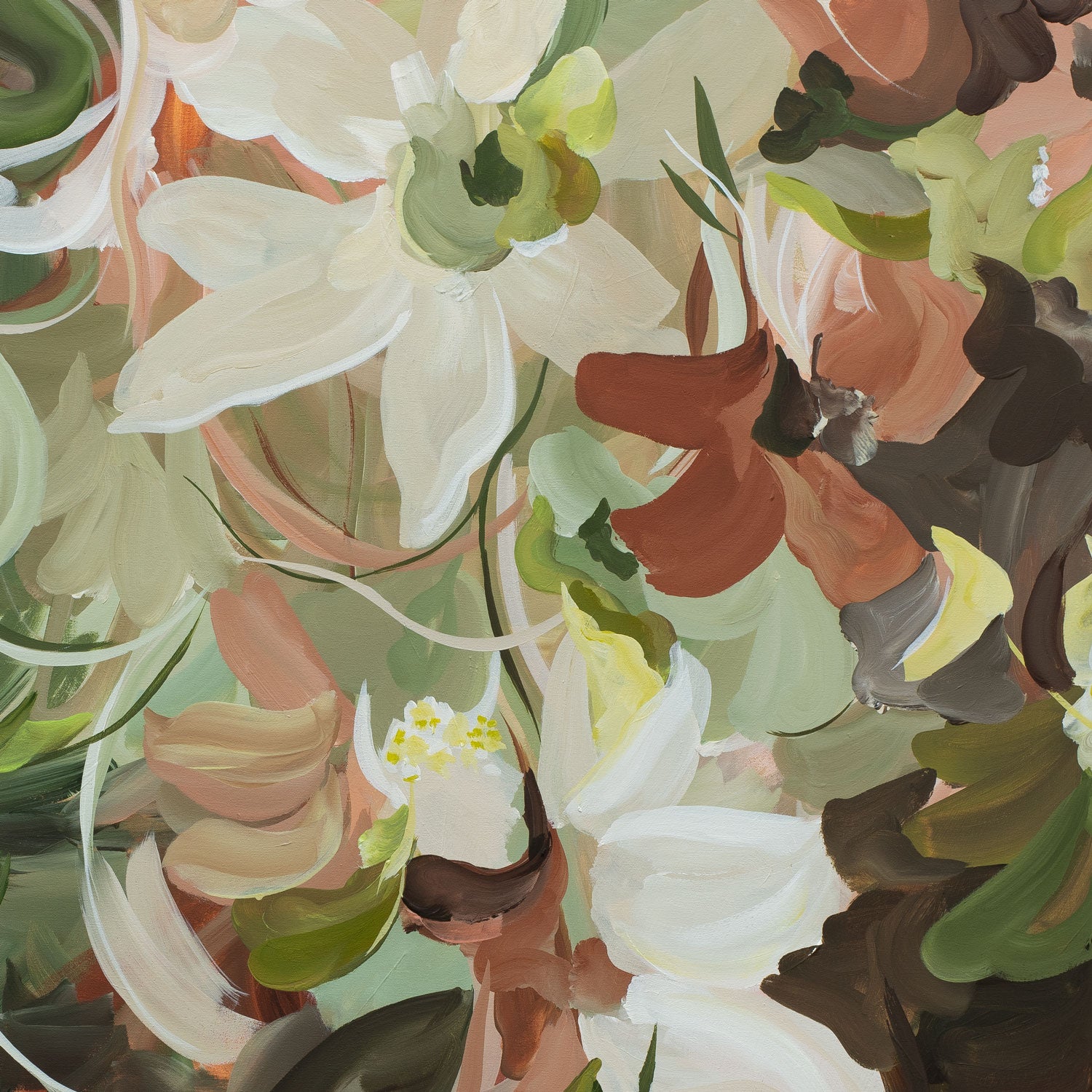 Colorful floral pattern with white, green, and brown flowers on a light background