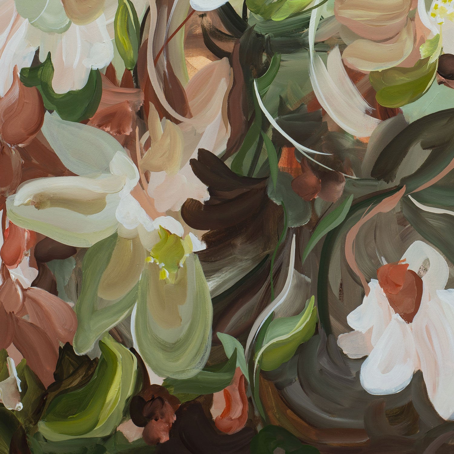 Close-up of a floral pattern with brown, green, and white colors.