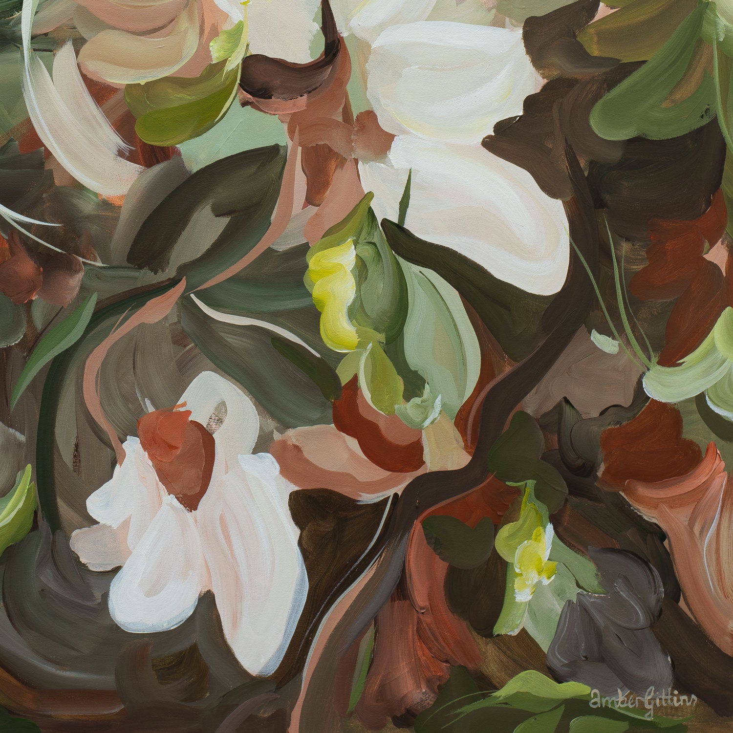 Artistic depiction of flowers and leaves with a focus on earthy colours and texture.