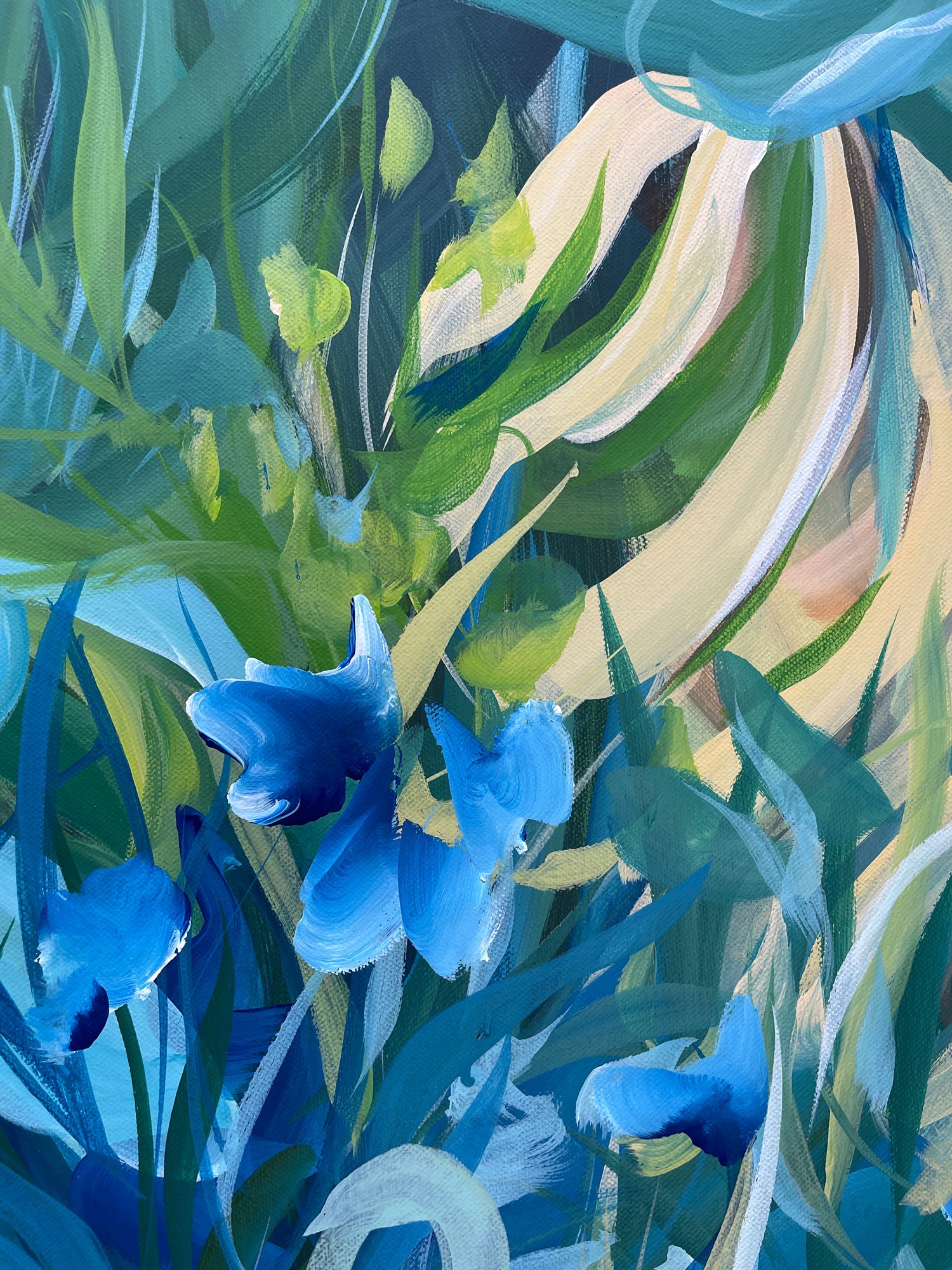 Artistic depiction of blue flowers and green leaves with a focus on nature.