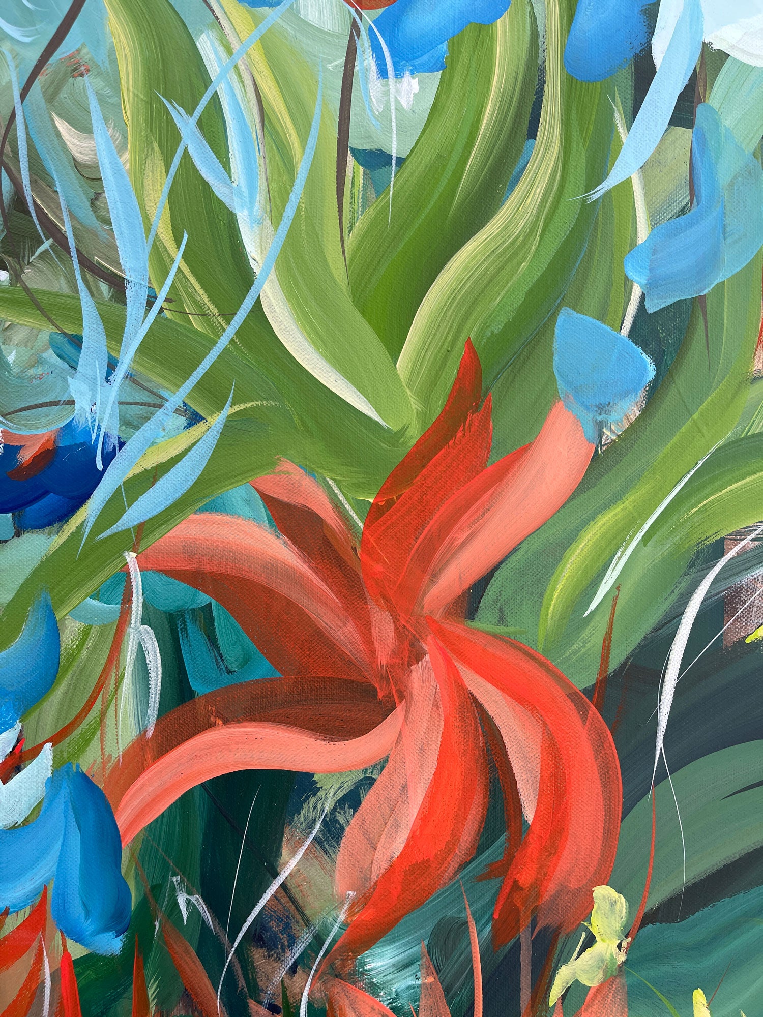 Colorful abstract painting with red flower-like shapes and green leaves.