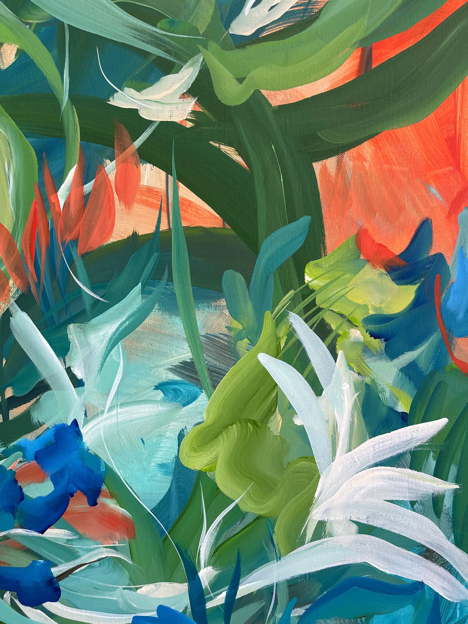 Colorful abstract painting of tropical plants with vibrant greens, blues, and oranges.