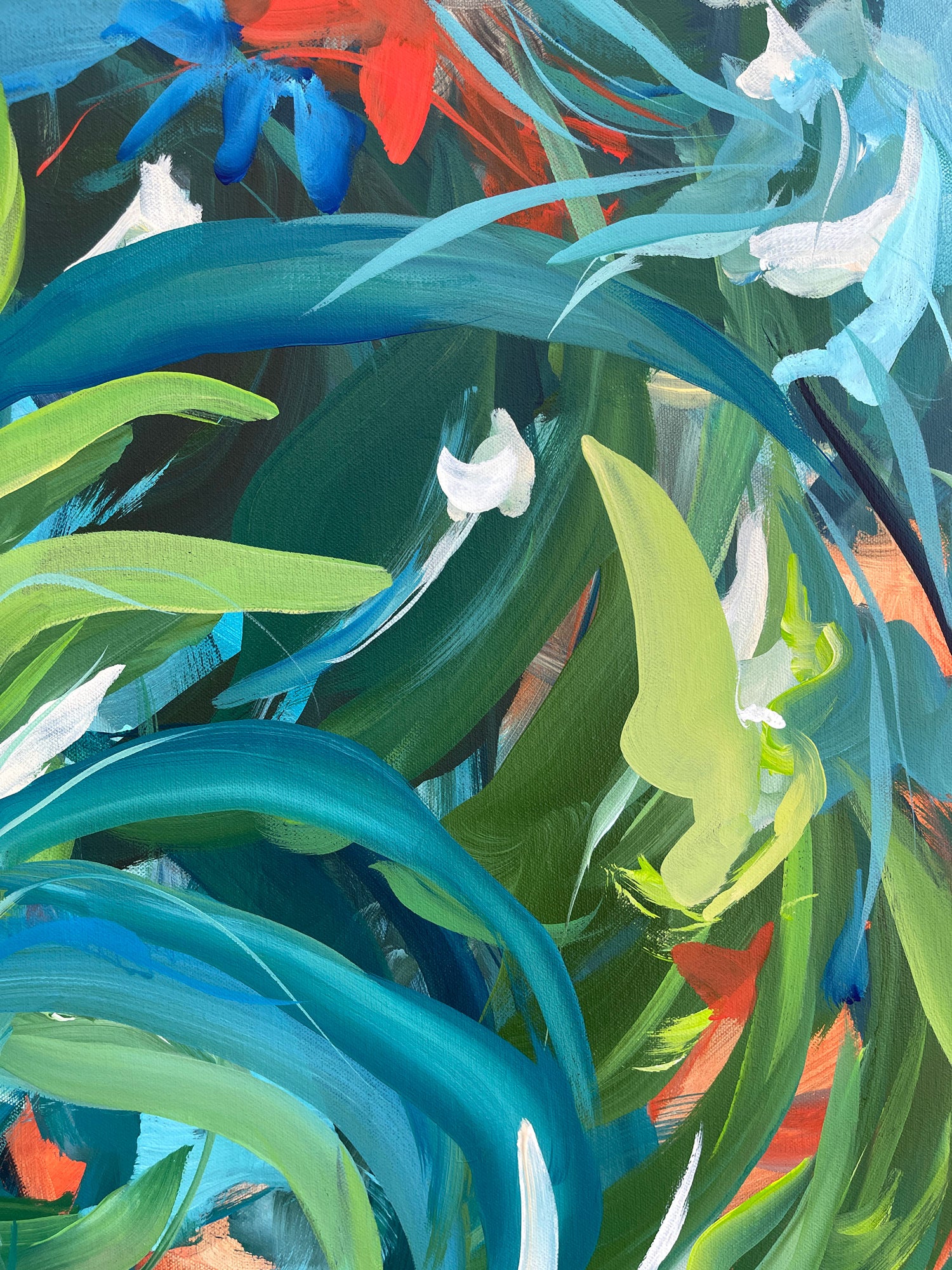 Colorful abstract painting with blue, green, and orange brush strokes