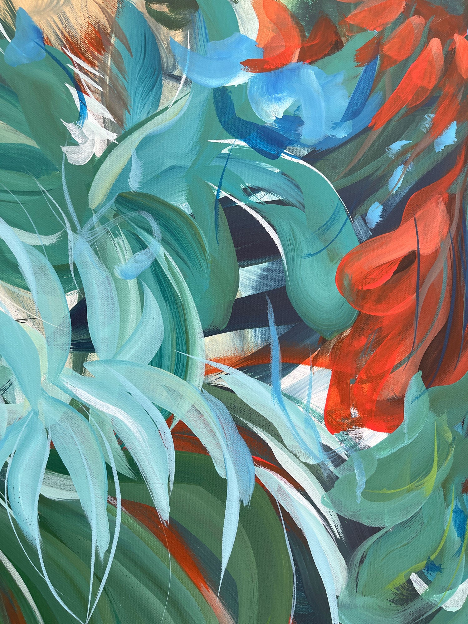Abstract artwork with swirling colors of blue, green, and orange-red.