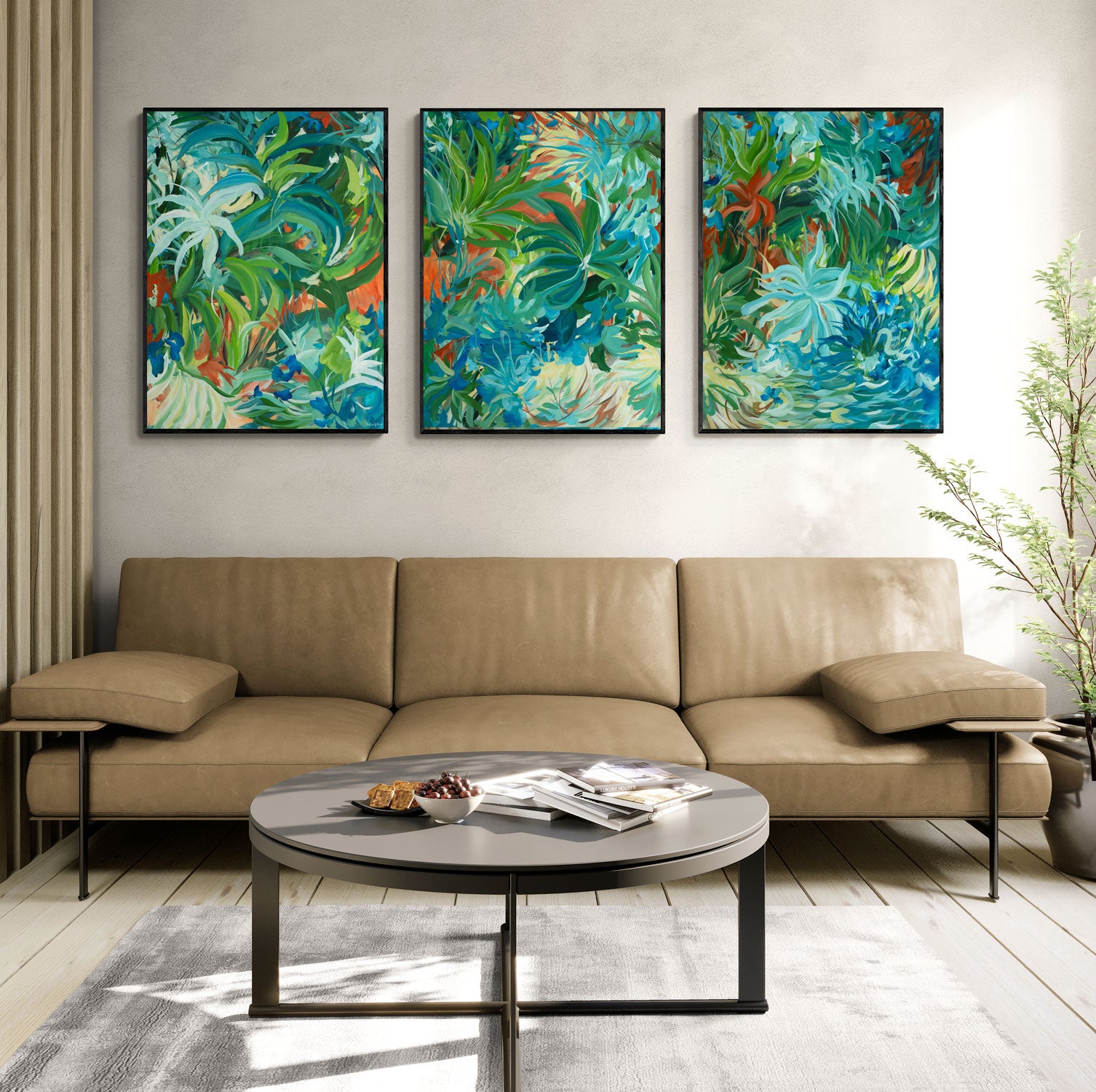 Living room with a beige sofa, round coffee table, and three colourful abstract tropical landscape paintings on the wall.