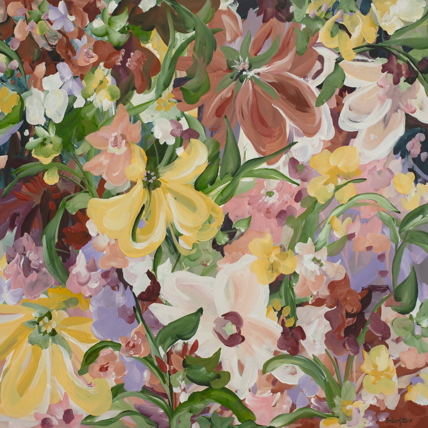 Natural and earthy wildflower abstract wall art print in neutral tones of brown, apricot, green, lilac and yellow. Layers of flower petals in a modern style. 
